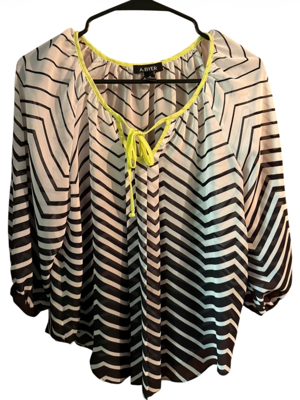 A. Byer Black & White Chevron Blouse with Neon Yellow Trim